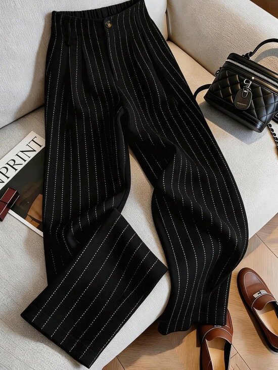 MODA ME COUTURE Pants - Black Casual Women's Striped Pants